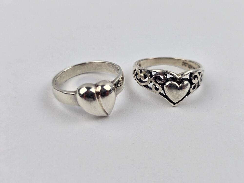 2x Sterling Silver Heart Rings Both size 7 Premier Design Open & SA Puffy Heart